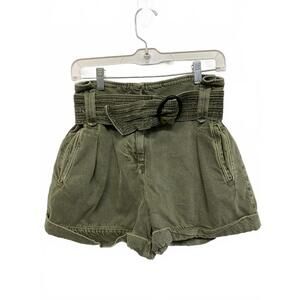 Sézane Olive Green High-Waisted Belted Shorts Size EU 36 28" Waist 100% Cotton